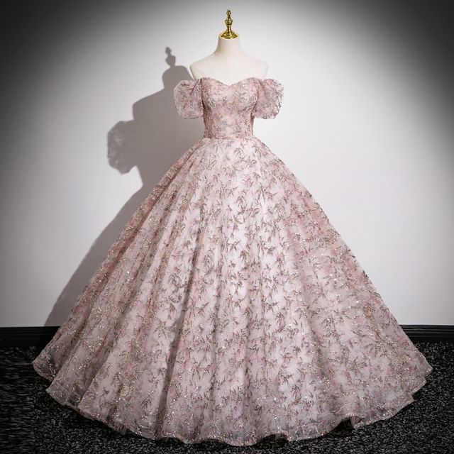 Gown Floral Sleeve Off Mesh A-Line Puff Evening Embroidered Shoulder