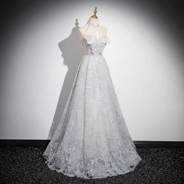 Mandarin Collar Evening A-Line Gown Mesh Panel Butterfly Sleeveless Patterned