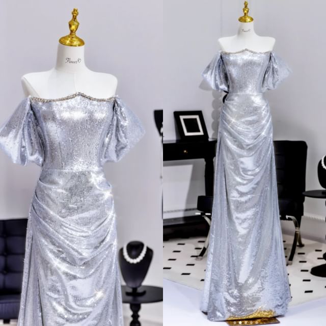 Evening Puff Sleeve Metallic Gown A-Line Sequin Off Shoulder Ruched