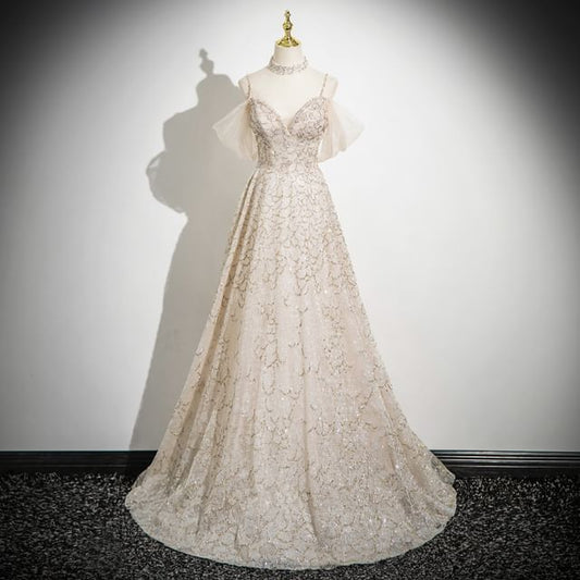 A-Line Beaded Evening Spaghetti Gown Strap Patterned