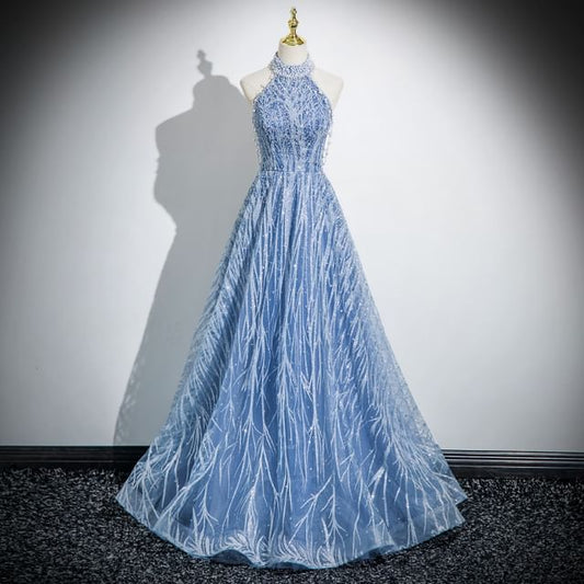 Gown Sleeveless Mock Patterned Beaded Evening A-Line Neck Mesh