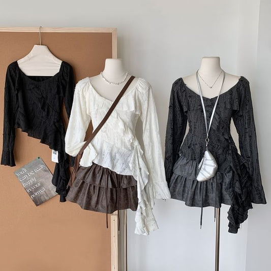 Plain Asymmetrical Top Ruffle Trim Long-Sleeve Scoop Neck