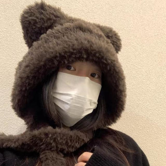 Plain Ribbed Ear Hat Bear / Fluffy Beanie