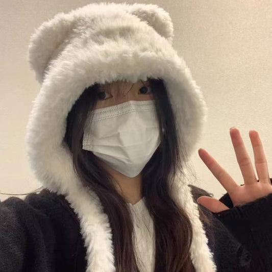 Ear Plain Beanie Ribbed / Fluffy Bear Hat