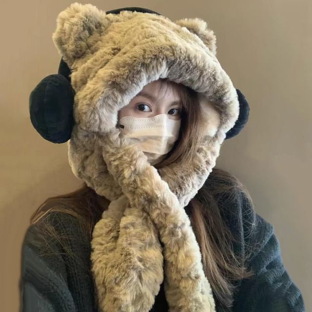 Bear Ribbed / Beanie Ear Fluffy Scarf Hooded