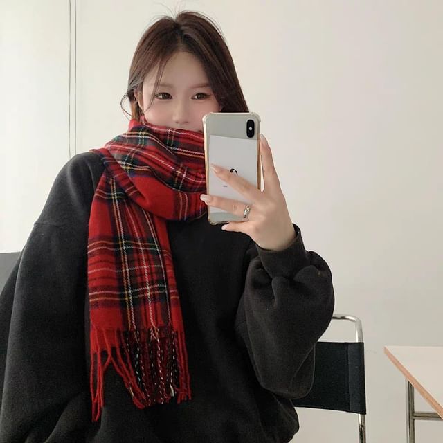 Plain Embroidered Scarf / Lettering Plaid