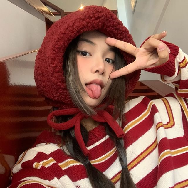 Hat Fleece Cable Tie-Up Beanie / Plain Knit