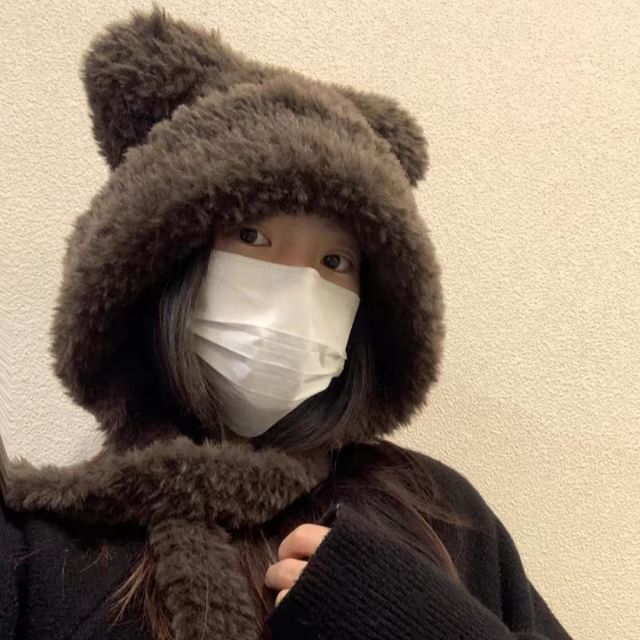 Ear Plain Beanie Ribbed / Fluffy Bear Hat