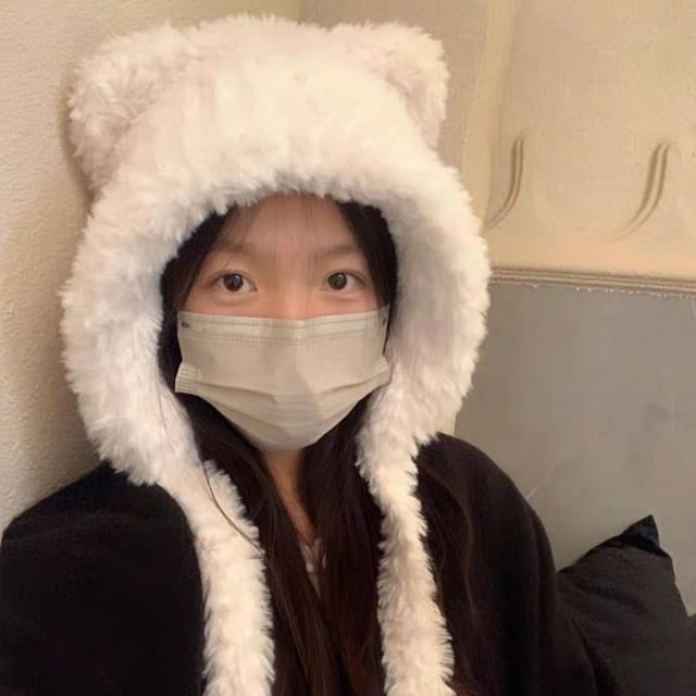 Ear Plain Beanie Ribbed / Fluffy Bear Hat