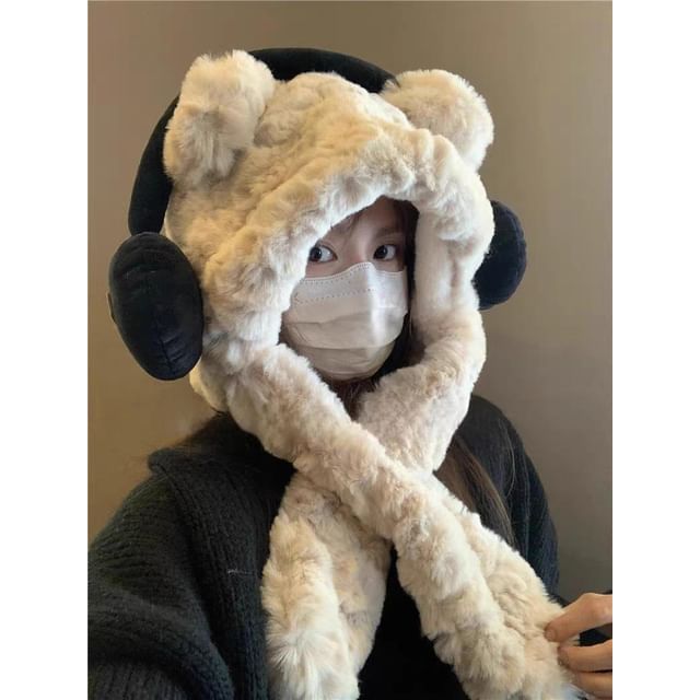 Bear Ribbed / Beanie Ear Fluffy Scarf Hooded
