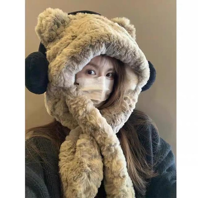 Bear Ribbed / Beanie Ear Fluffy Scarf Hooded