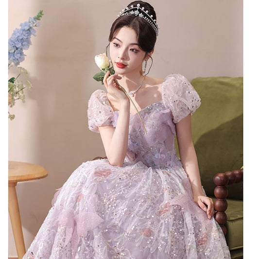 Flower Gown Embroidered A-Line Sequin Puff-Sleeve Evening
