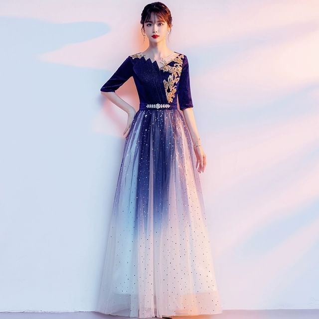 Flower Sequin Elbow-Sleeve A-Line Embroidered Gradient Gown Evening