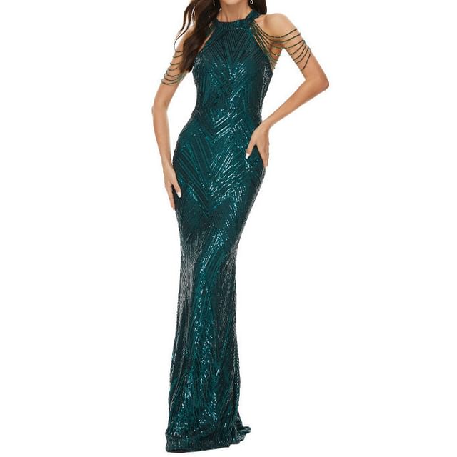 Beaded Gown Sequin Mermaid Evening Strappy Halter