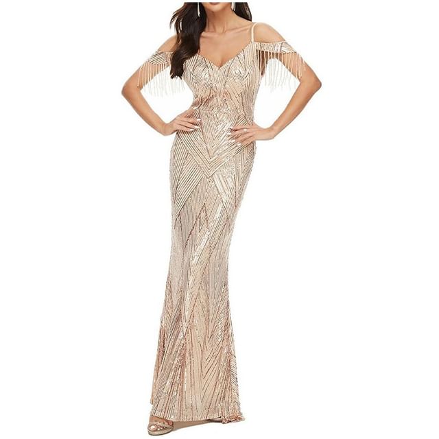 Evening Trumpet Gown Sequin Cold-Shoulder Beaded