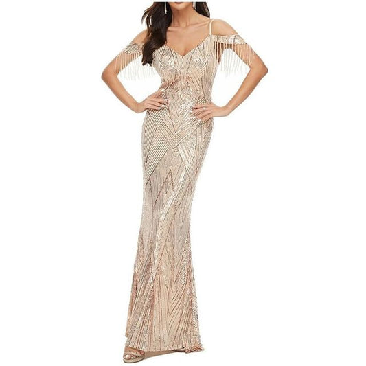 Sequin Trumpet Cold-Shoulder Gown Evening Beaded