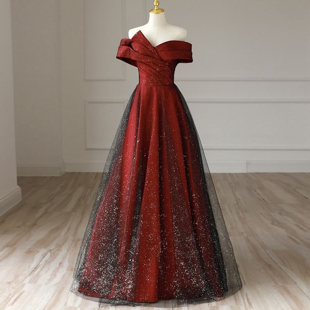 Asymmetrical Evening Gown Off-Shoulder Glitter Mesh A-Line Panel