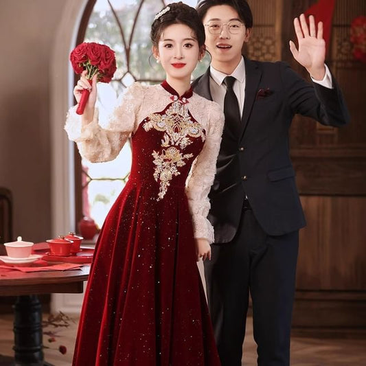 Evening Sequin Embroidered Flower A-Line Puff-Sleeve Gown