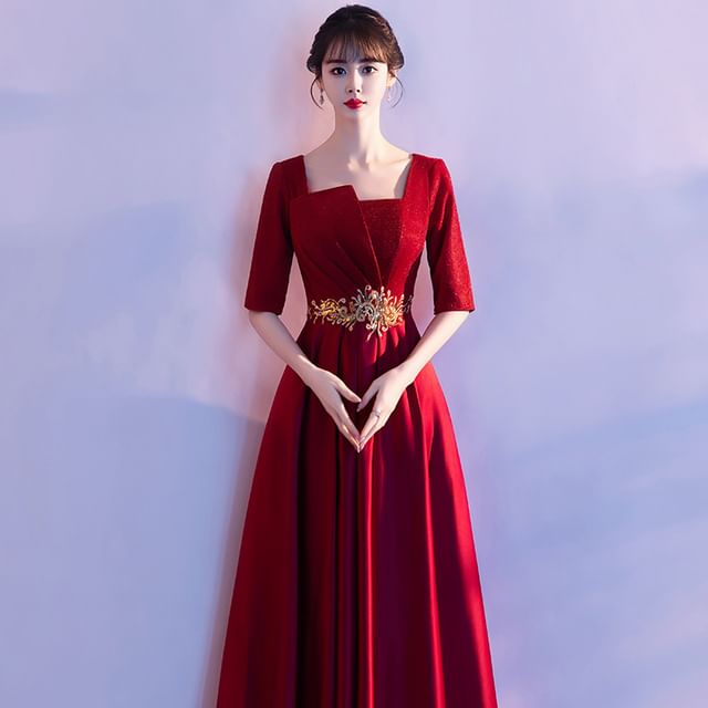 Evening A-Line Square Elbow-Sleeve Embroidered Neck Gown