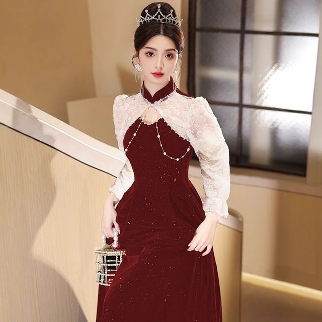 Two Glitter Gown Neck Tone Mock Embroidered Flower Evening Puff-Sleeve A-Line