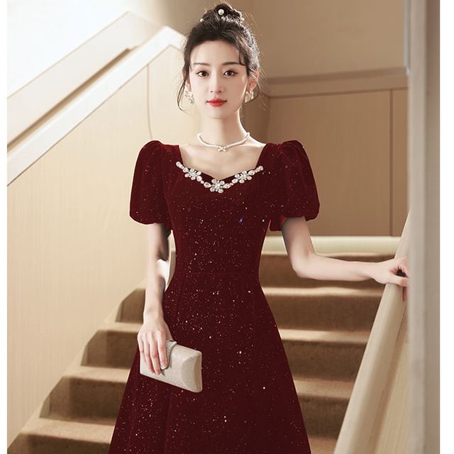 Puff-Sleeve Sequin Evening A-Line Rhinestone Gown