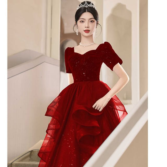 Gown Sequin Evening Ruffle A-Line