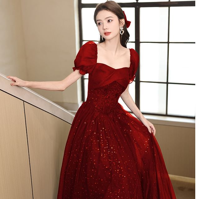 Sequin Puff-Sleeve Evening Gown A-Line