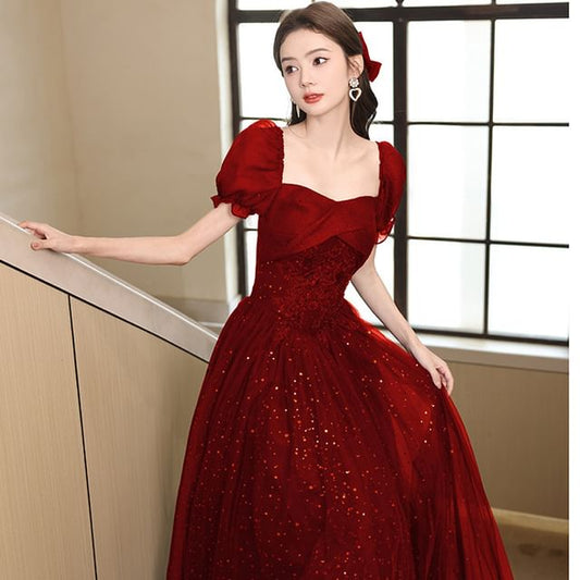Sequin Puff-Sleeve Evening Gown A-Line