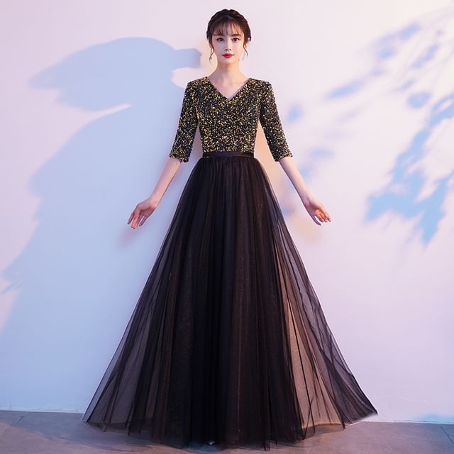 Elbow-Sleeve Sequin Evening Gown V-Neck A-Line