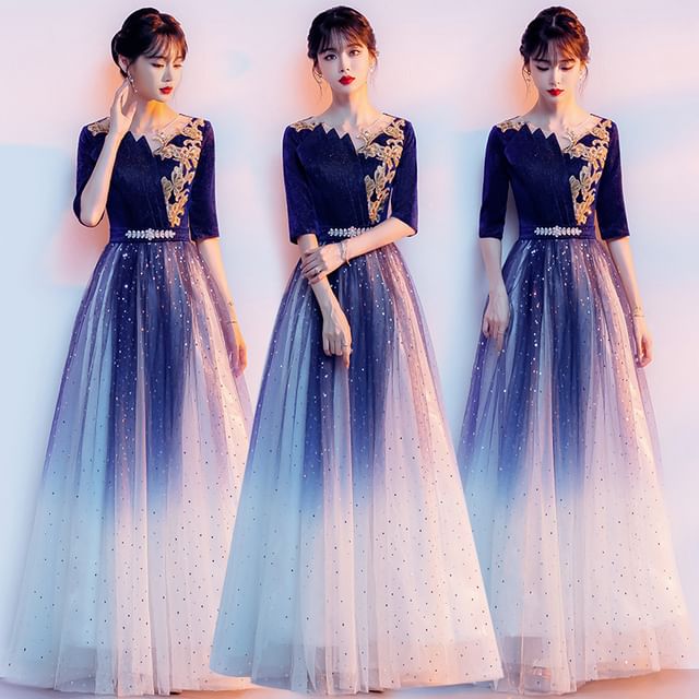 Flower Sequin Elbow-Sleeve A-Line Embroidered Gradient Gown Evening