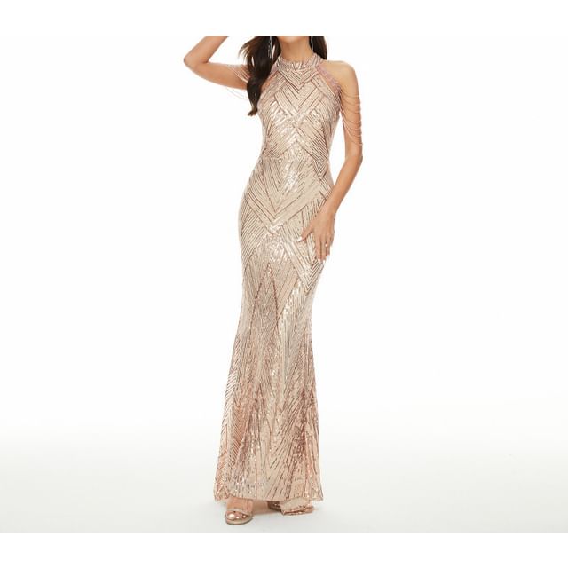 Beaded Gown Sequin Mermaid Evening Strappy Halter