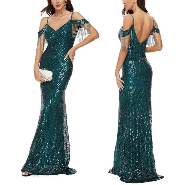 Evening Trumpet Gown Sequin Cold-Shoulder Beaded
