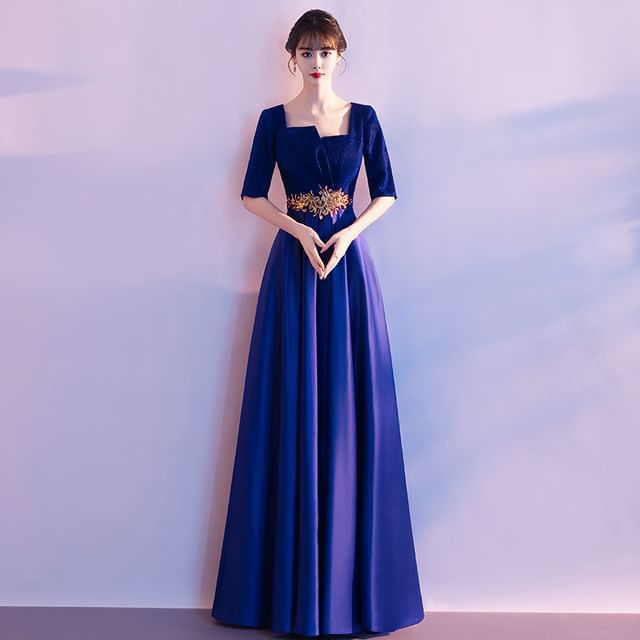 Evening A-Line Square Elbow-Sleeve Embroidered Neck Gown