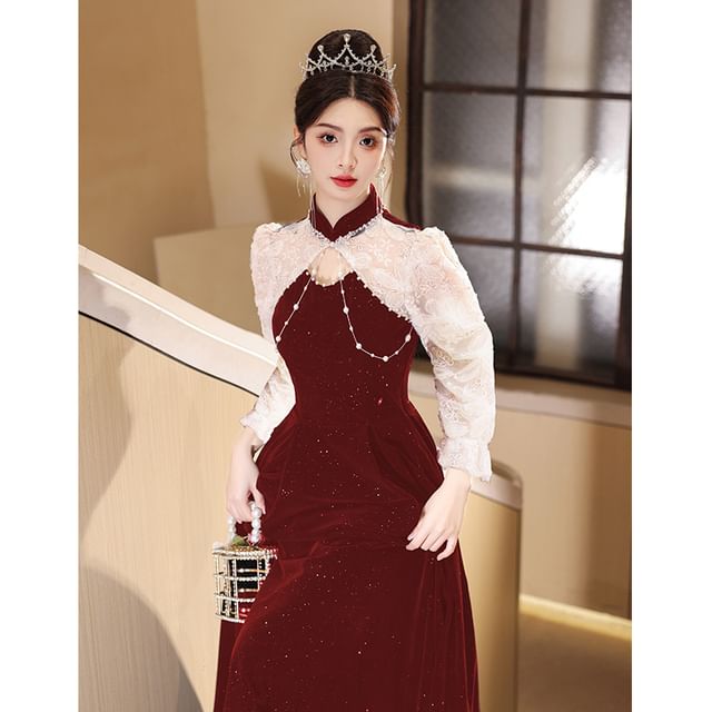 Two Glitter Gown Neck Tone Mock Embroidered Flower Evening Puff-Sleeve A-Line