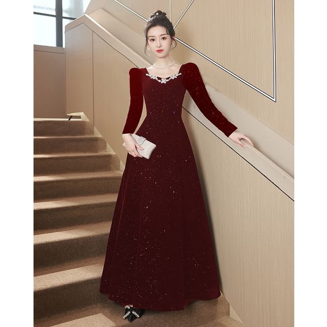 Puff-Sleeve Sequin Evening A-Line Rhinestone Gown