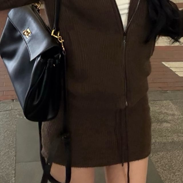 Waist Fluffy Drawstring Pencil Hoodie Mini Trim / Plain Skirt Zip-Up Knit