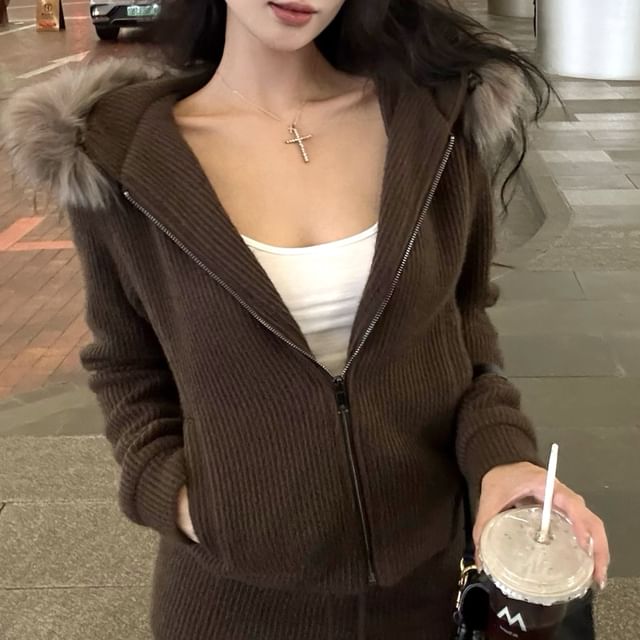 Waist Fluffy Drawstring Pencil Hoodie Mini Trim / Plain Skirt Zip-Up Knit