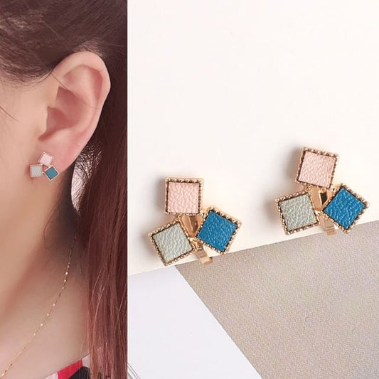Leather Alloy Square Earring Stud Faux