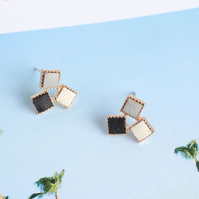 Leather Alloy Square Earring Stud Faux