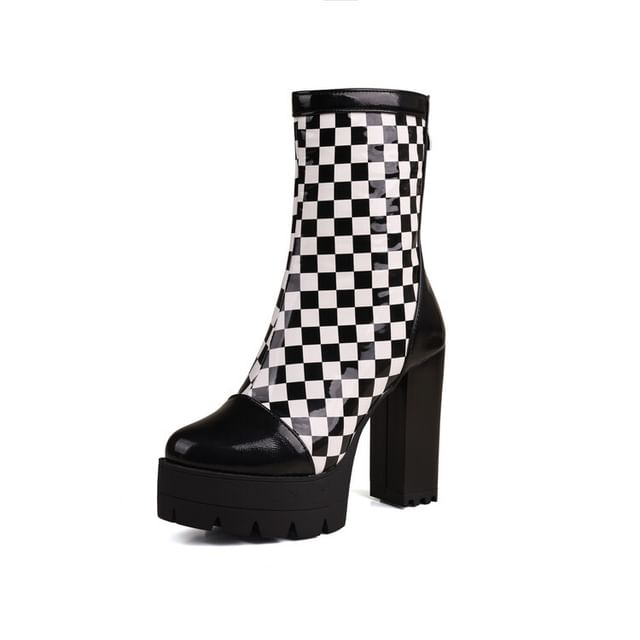 Boots Short Block Heel Checkerboard