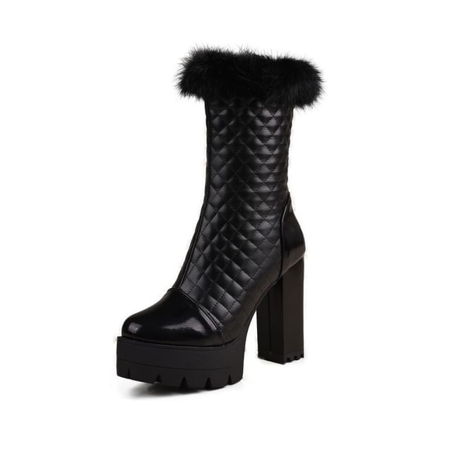 Furry Trim Short Boots Heel Block Quilted