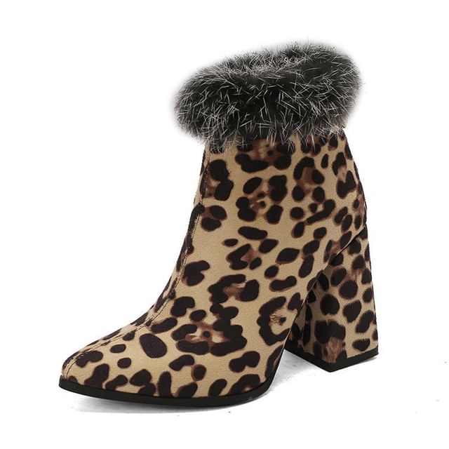 Leopard Block Boots Furry Short Heel Print Trim