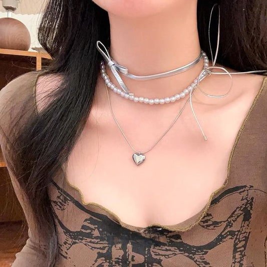 Set Heart Braded / Layered Necklace