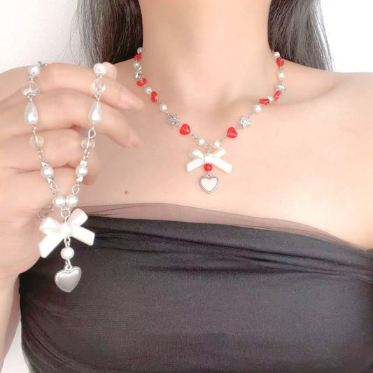 Heart Pearl Bow Necklace Faux