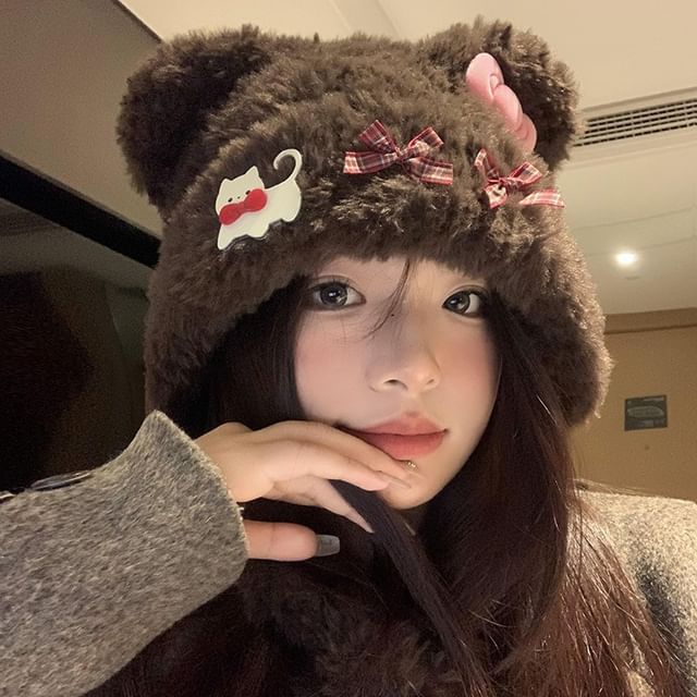 Fluffy Bow Accent Beanie Bear Ear