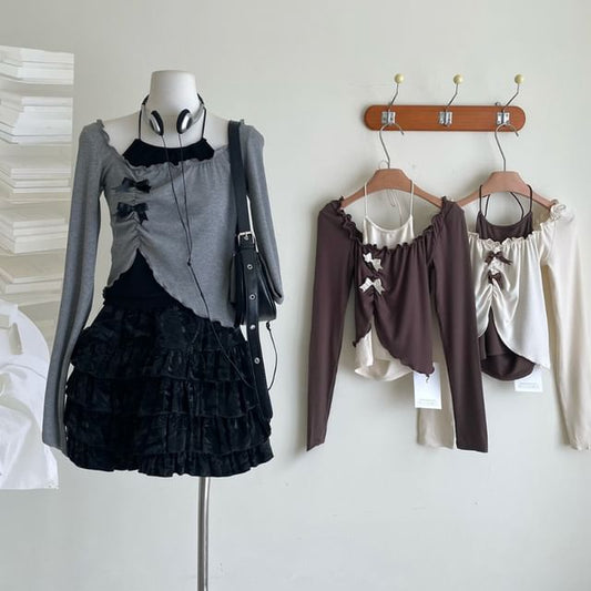 Asymmetrical Mini A-Line Square Long-Sleeve Halter Neck Top Skirt / Set Crop