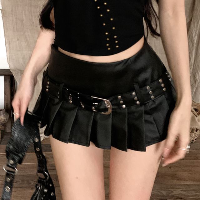 Mini Leather Studded Mid Plain Rise Pleated Skirt Top Belted Halter A-Line / Faux