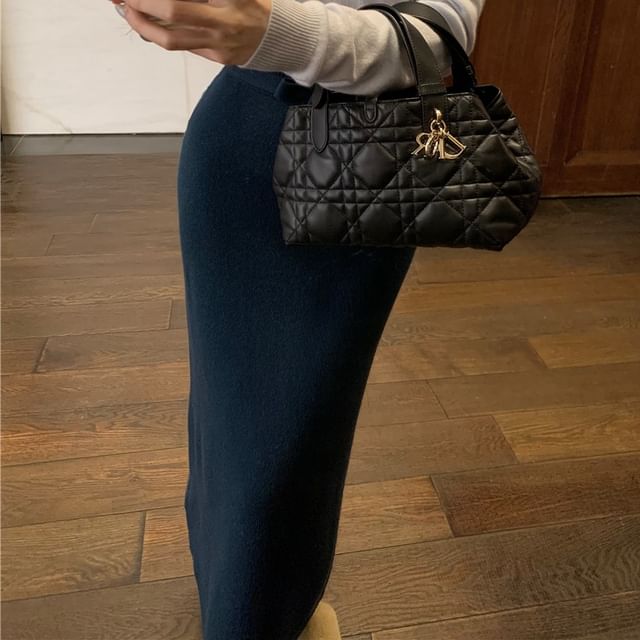 Plain Pencil High V-Neck Bow Top Skirt / Sleeve Long Rise Knit Maxi