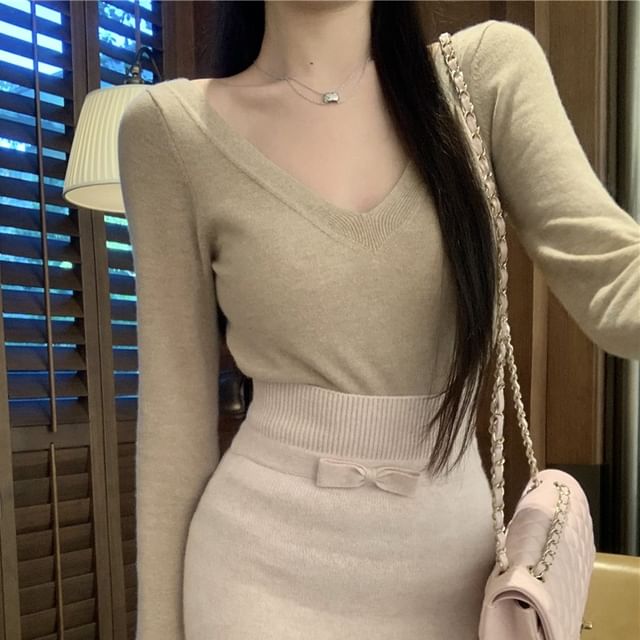 Plain Pencil High V-Neck Bow Top Skirt / Sleeve Long Rise Knit Maxi