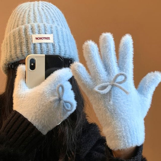 Knit Gloves Fluffy Bow